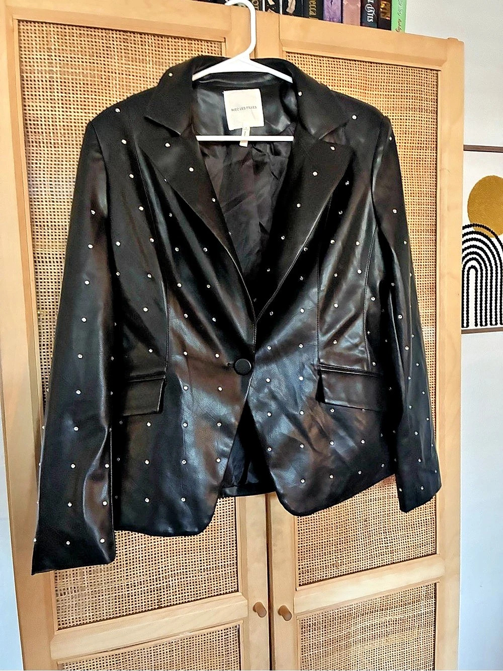 Avec Les Filles Rhinestone Faux Leather Blazer Black Large